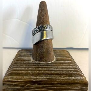 Spoon Wrap Ring, Artisan Handcrafted, Silver Placed, Floral Band Design. Size 7